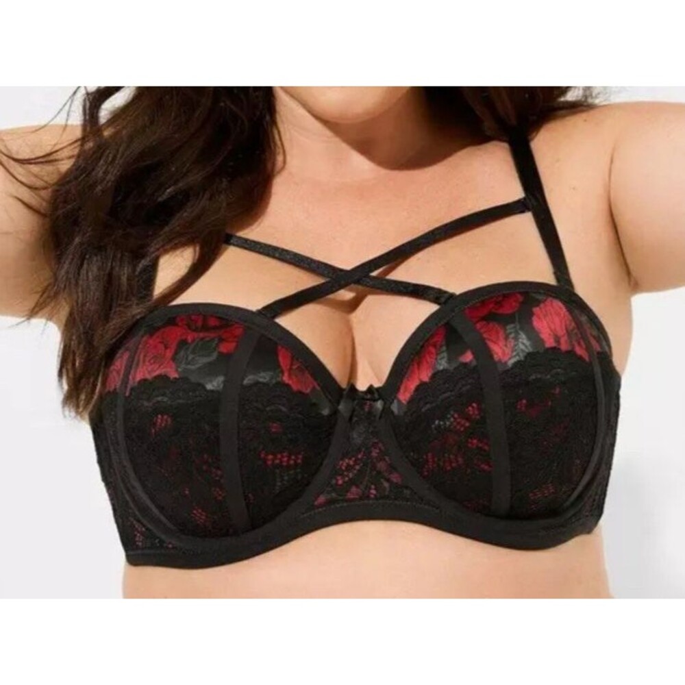 38DD Torrid Bombshell Everyday Strapless Push Up Bra Black Red Roses Underwired